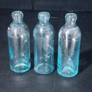 Lot of 3 Antique Aqua Blue Glass Blob Top Soda Bottles - Vintage Collectibles